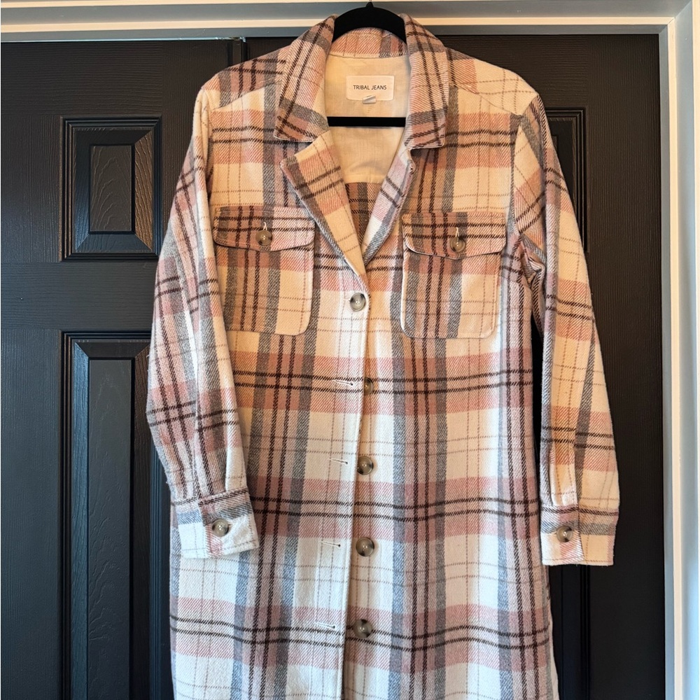 Tribal Checkered Sweater/Jacket (Shacket) Coat in Cream and Pink